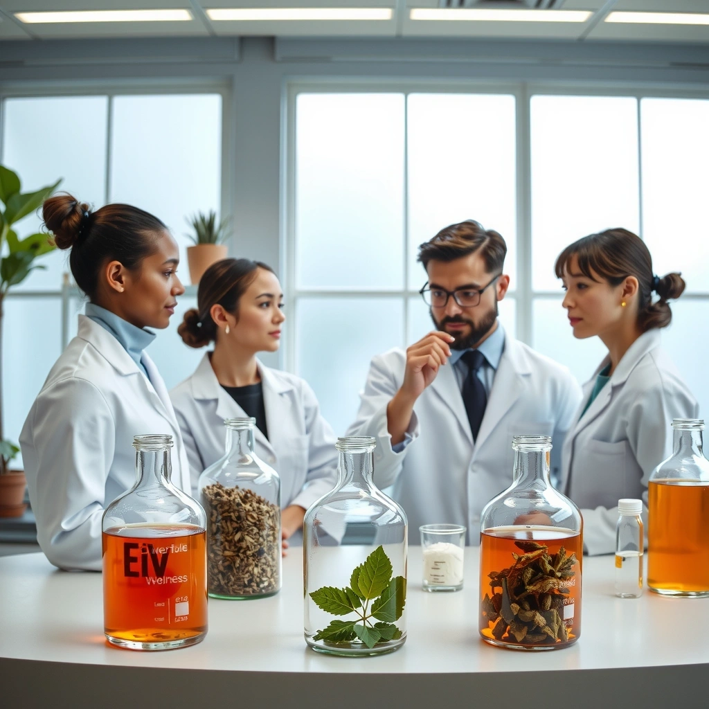 VitalGlow Premium laboratory with scientists developing premium wellness formulations