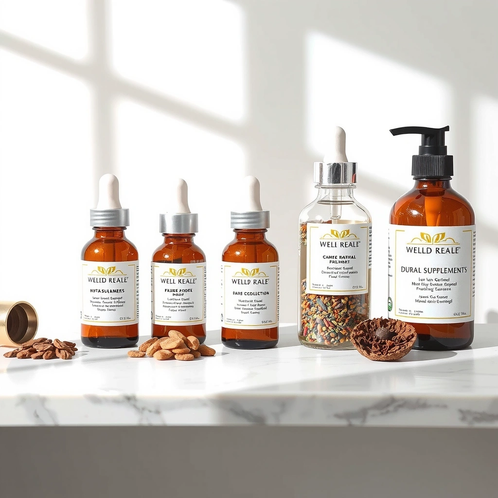 Luxurious wellness products and natural ingredients in elegant arrangement