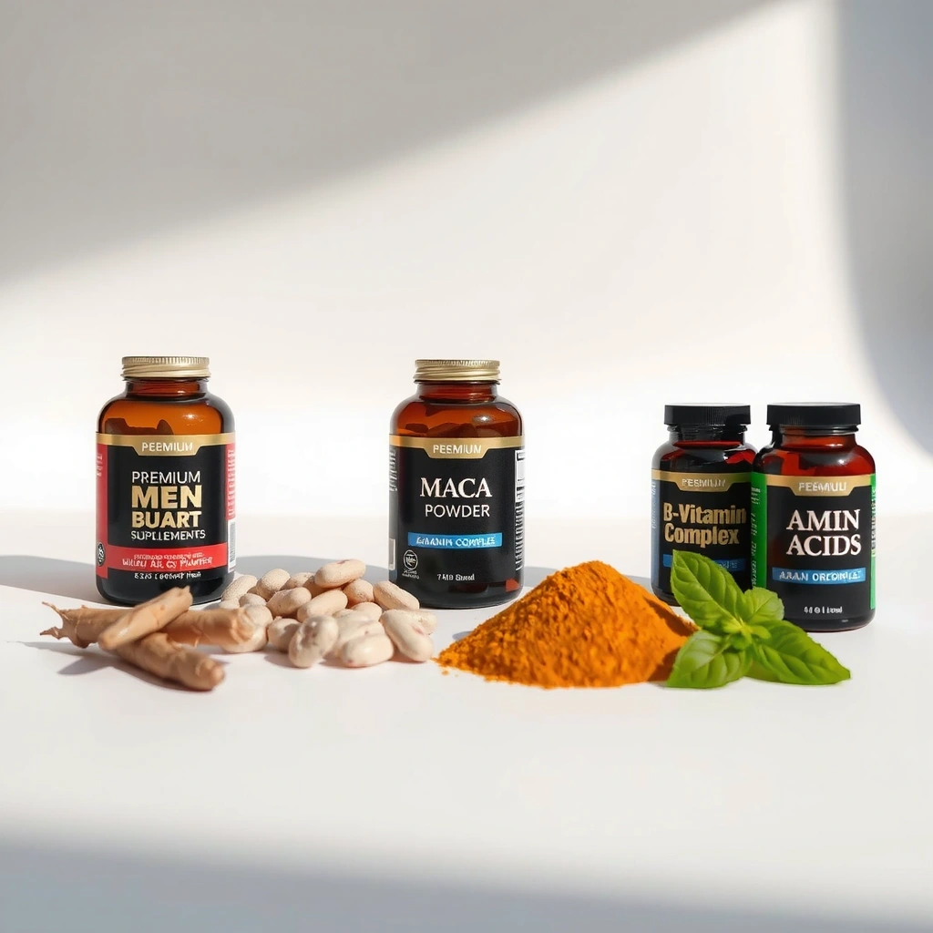 Premium men's vitality supplements with natural ingredients including ginseng, maca root, and B-vitamins arranged professionally