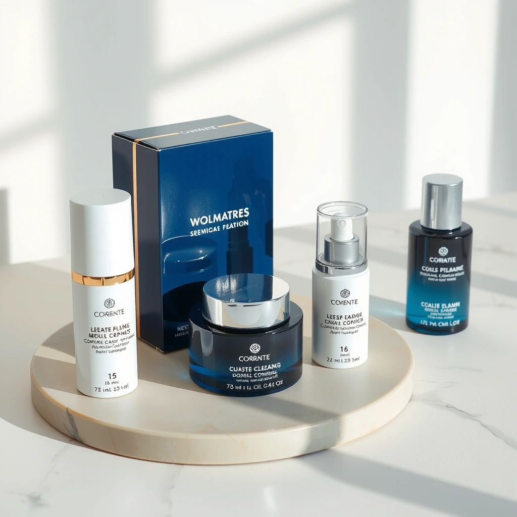 Premium women's skincare products in elegant bottles and containers